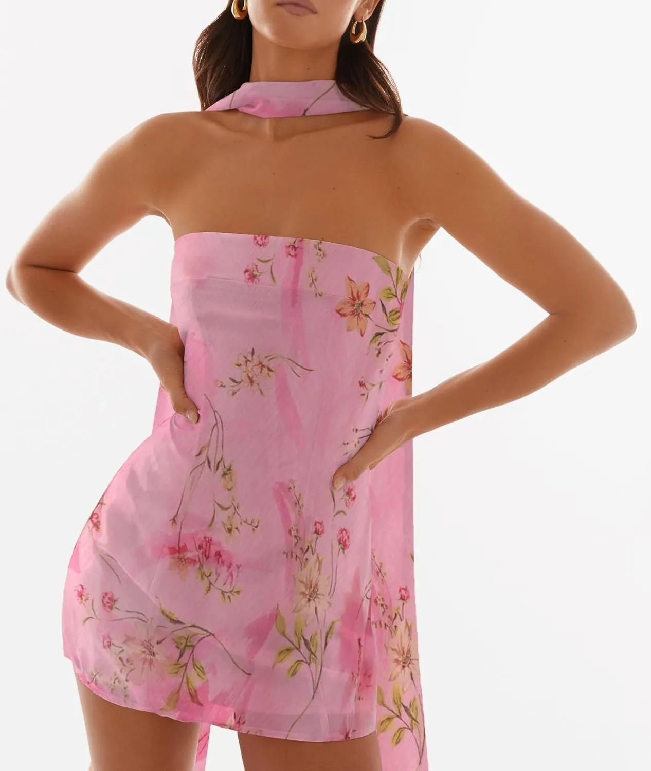 Women Floral Strapless Tube Mini Dress Y2K Flower Backless Bodycon Summer Formal Cocktail Short Dress with Scarf