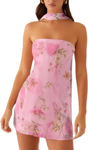 Women Floral Strapless Tube Mini Dress Y2K Flower Backless Bodycon Summer Formal Cocktail Short Dress with Scarf