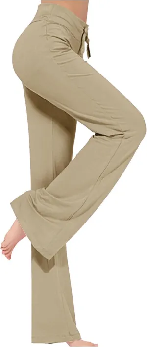 Women High Waist Yoga Trousers Solid Color Wide Leg Drawstring Casual Leggings Trendy Going Out Workout Yoga Pants