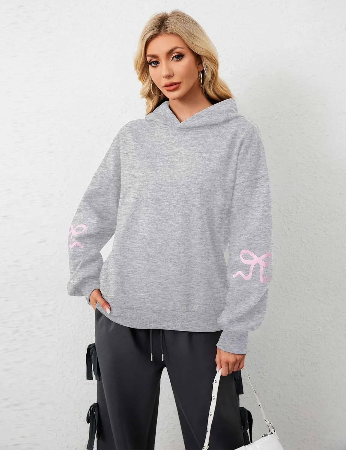 Women Oversized Fleece Bow Trim Print Hoodies Casual Long Sleeve Graphic Hooded Sweatshirt Trendy Fall Pullover Tops
