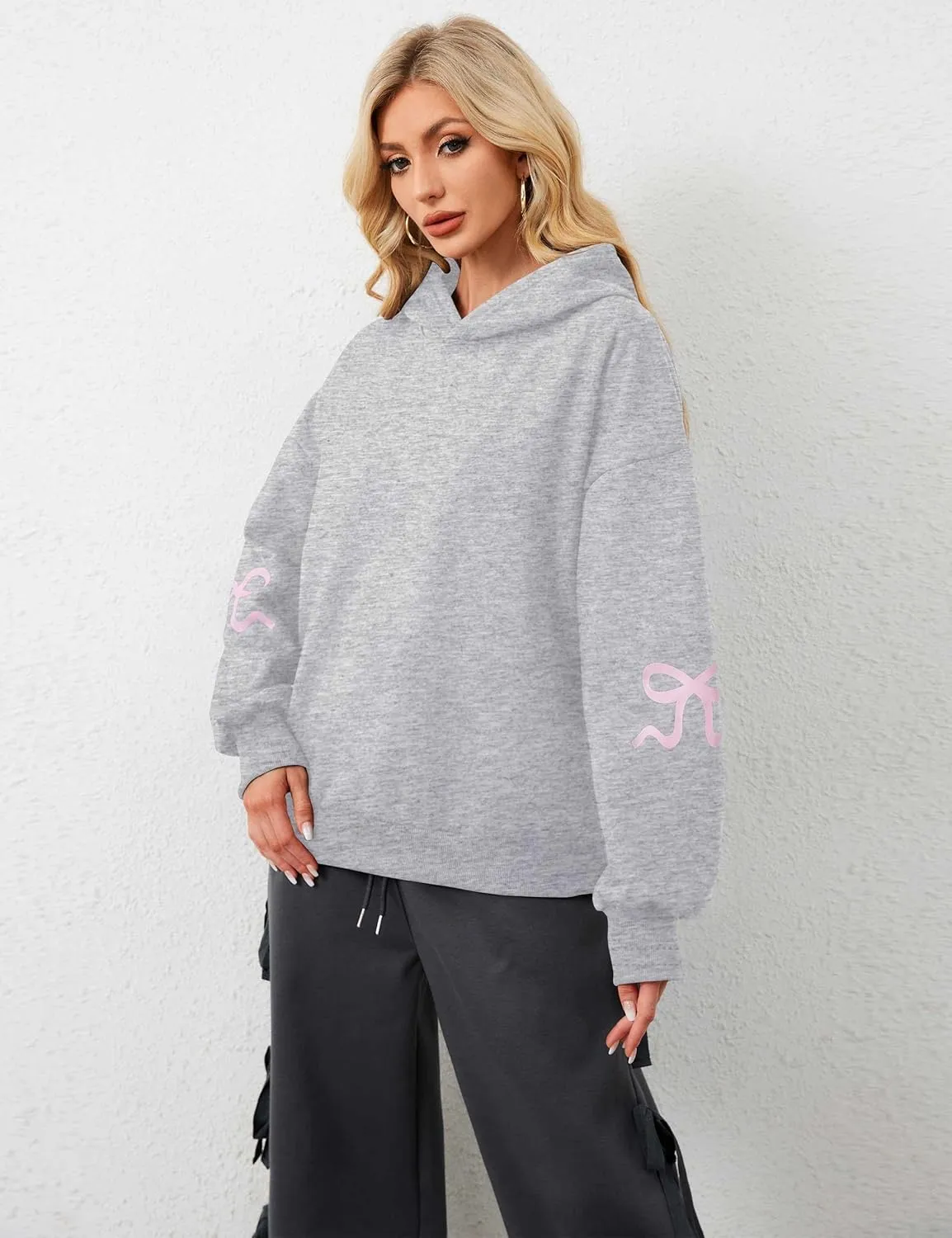 Women Oversized Fleece Bow Trim Print Hoodies Casual Long Sleeve Graphic Hooded Sweatshirt Trendy Fall Pullover Tops