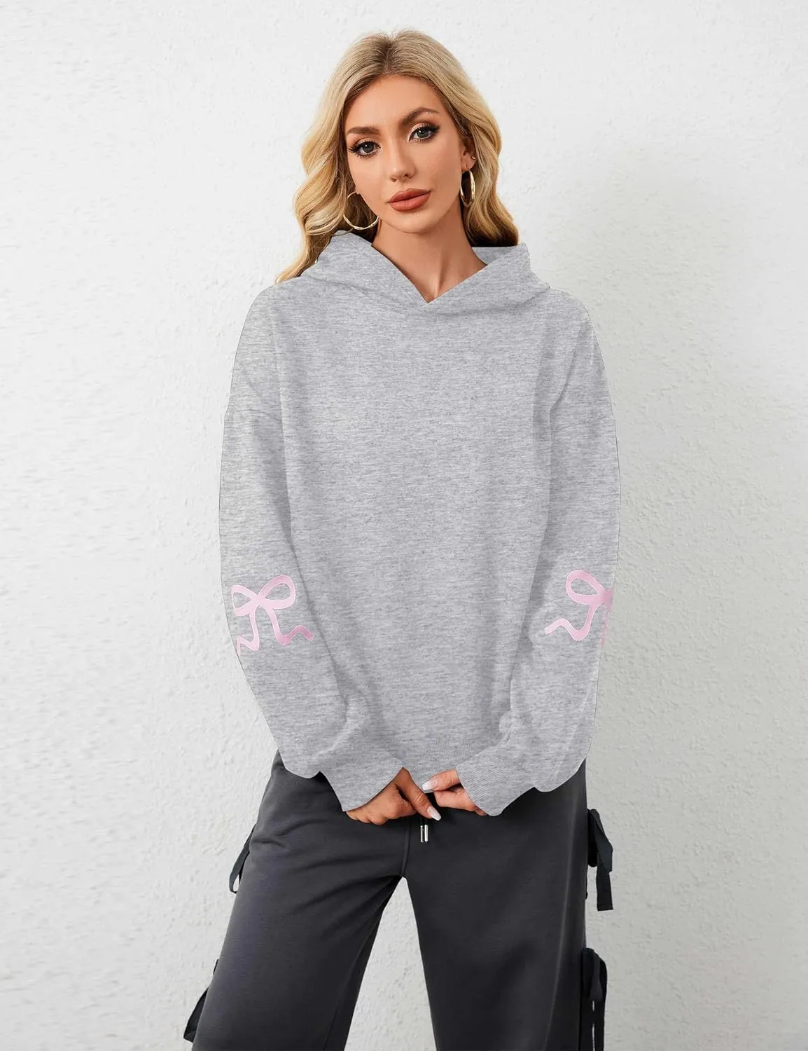 Women Oversized Fleece Bow Trim Print Hoodies Casual Long Sleeve Graphic Hooded Sweatshirt Trendy Fall Pullover Tops