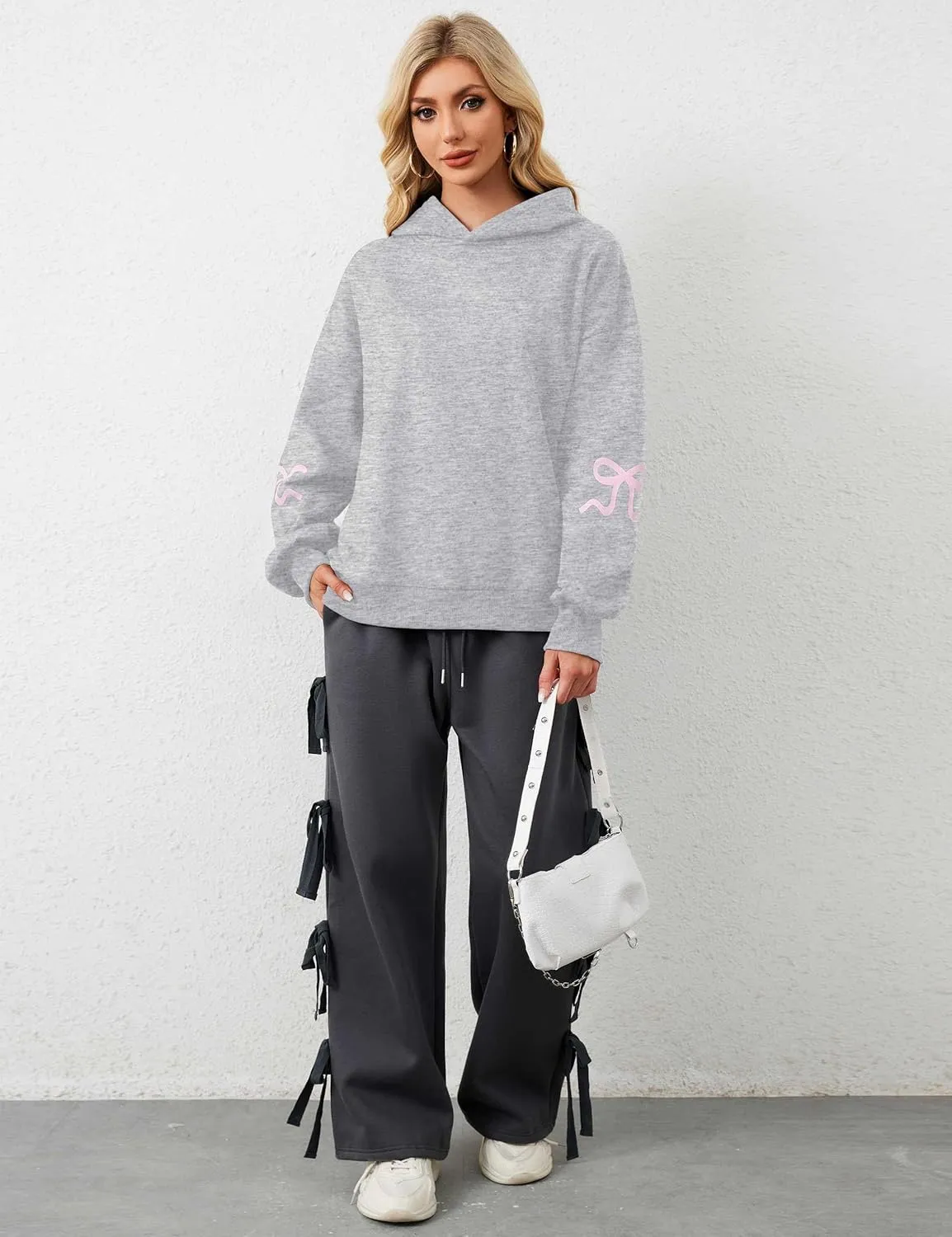 Women Oversized Fleece Bow Trim Print Hoodies Casual Long Sleeve Graphic Hooded Sweatshirt Trendy Fall Pullover Tops