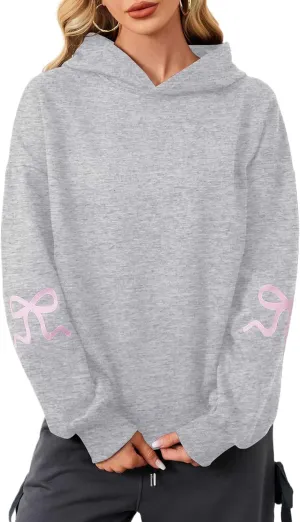 Women Oversized Fleece Bow Trim Print Hoodies Casual Long Sleeve Graphic Hooded Sweatshirt Trendy Fall Pullover Tops