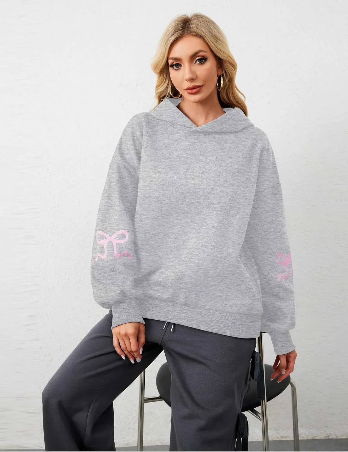 Women Oversized Fleece Bow Trim Print Hoodies Casual Long Sleeve Graphic Hooded Sweatshirt Trendy Fall Pullover Tops