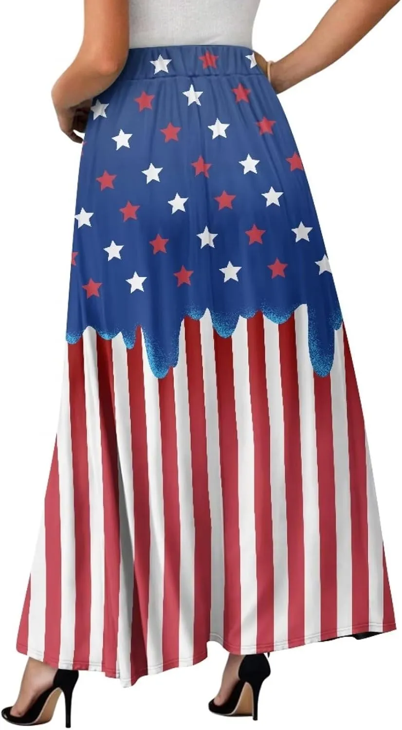 Women Pleated Skirt Polyester A-Line Printed Maxi Skirts with Pockets for Vacation Travel Parties