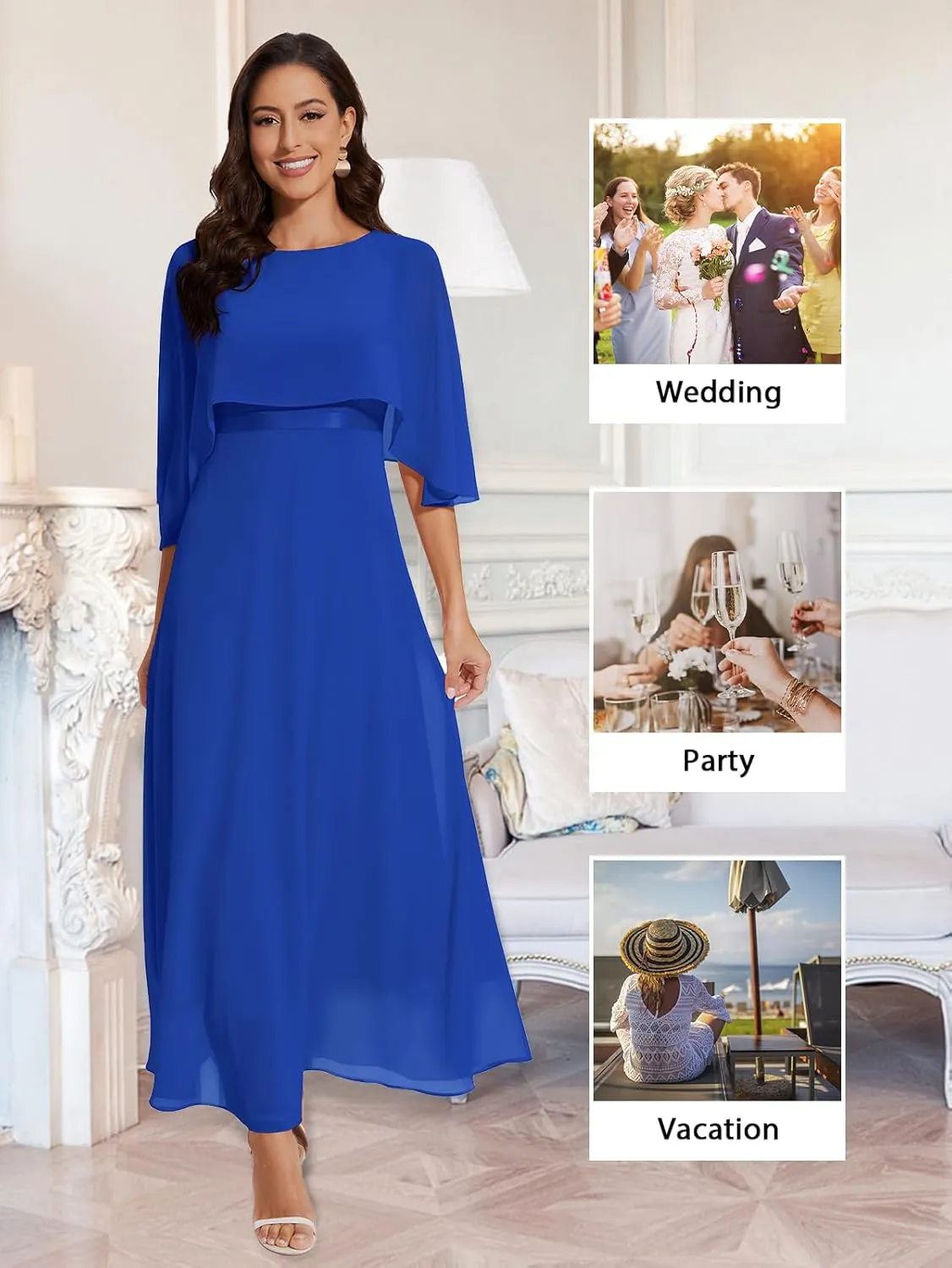 Women Sleeveless Cape Dress with Chiffon Overlay Lace Wedding Guest Cocktail Party Gowns Dress