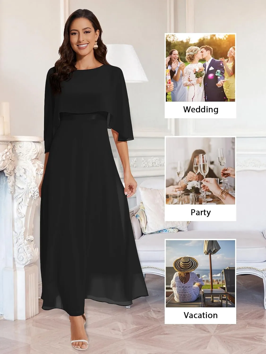 Women Sleeveless Cape Dress with Chiffon Overlay Lace Wedding Guest Cocktail Party Gowns Dress