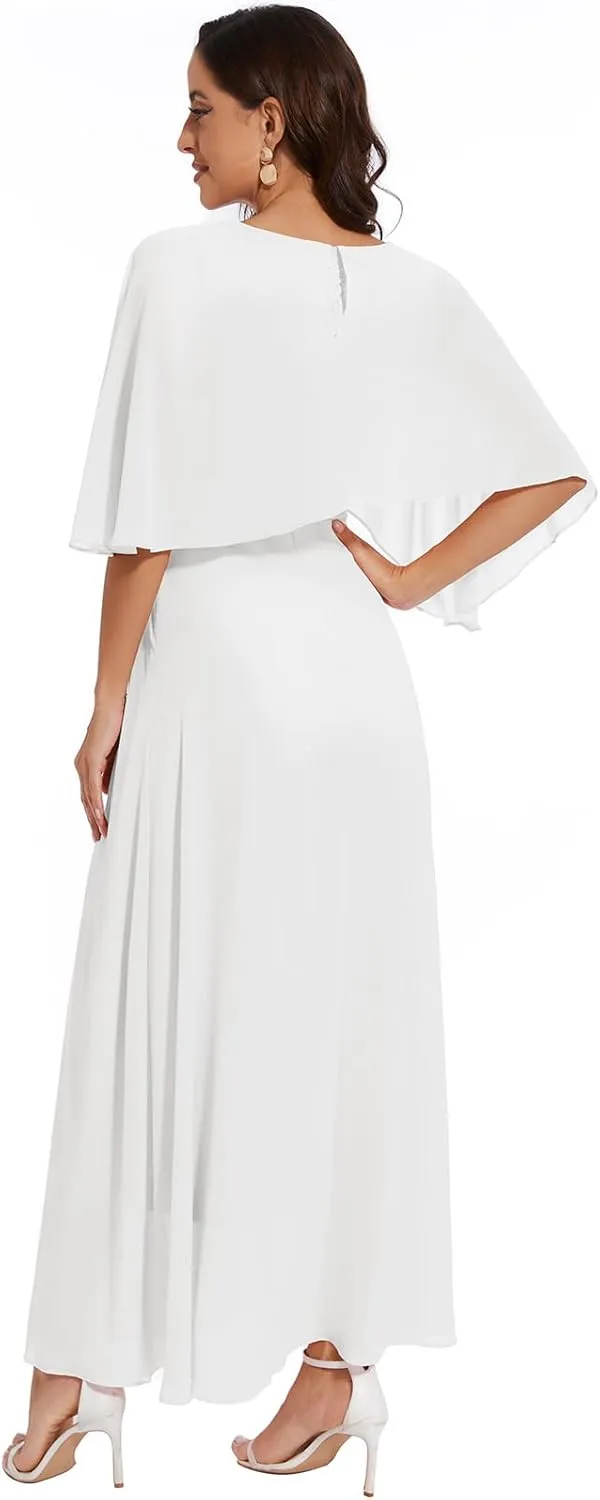 Women Sleeveless Cape Dress with Chiffon Overlay Lace Wedding Guest Cocktail Party Gowns Dress