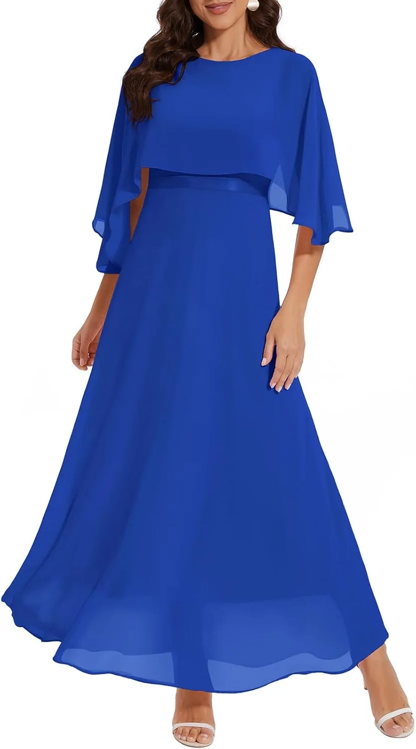 Women Sleeveless Cape Dress with Chiffon Overlay Lace Wedding Guest Cocktail Party Gowns Dress