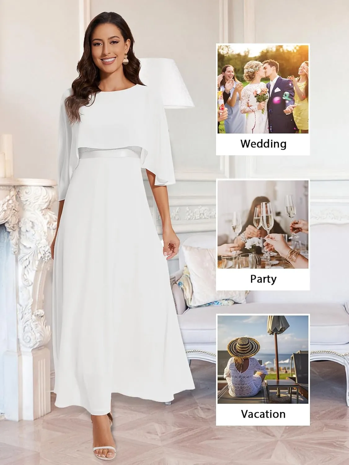 Women Sleeveless Cape Dress with Chiffon Overlay Lace Wedding Guest Cocktail Party Gowns Dress