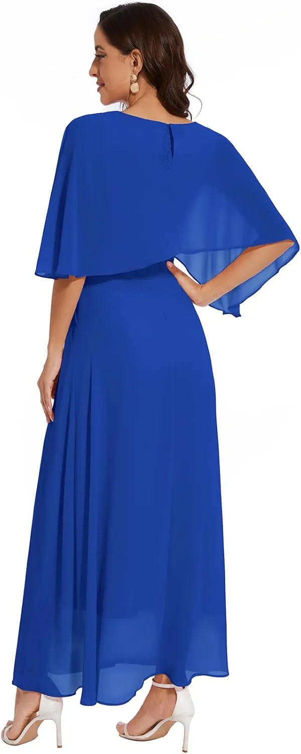 Women Sleeveless Cape Dress with Chiffon Overlay Lace Wedding Guest Cocktail Party Gowns Dress