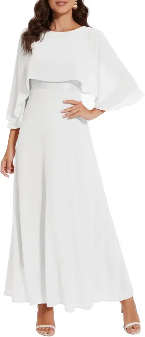 Women Sleeveless Cape Dress with Chiffon Overlay Lace Wedding Guest Cocktail Party Gowns Dress