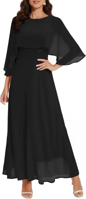 Women Sleeveless Cape Dress with Chiffon Overlay Lace Wedding Guest Cocktail Party Gowns Dress