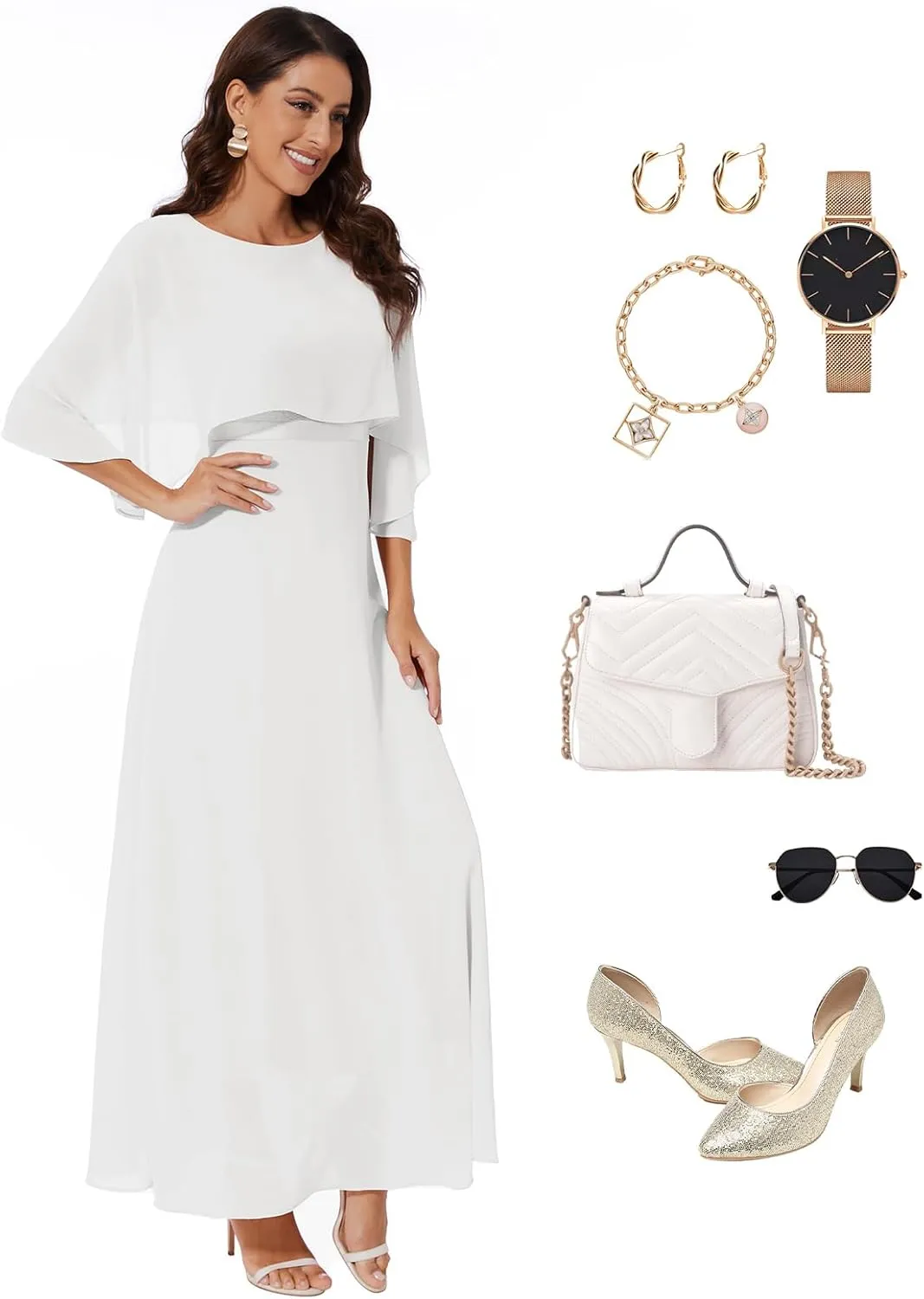 Women Sleeveless Cape Dress with Chiffon Overlay Lace Wedding Guest Cocktail Party Gowns Dress