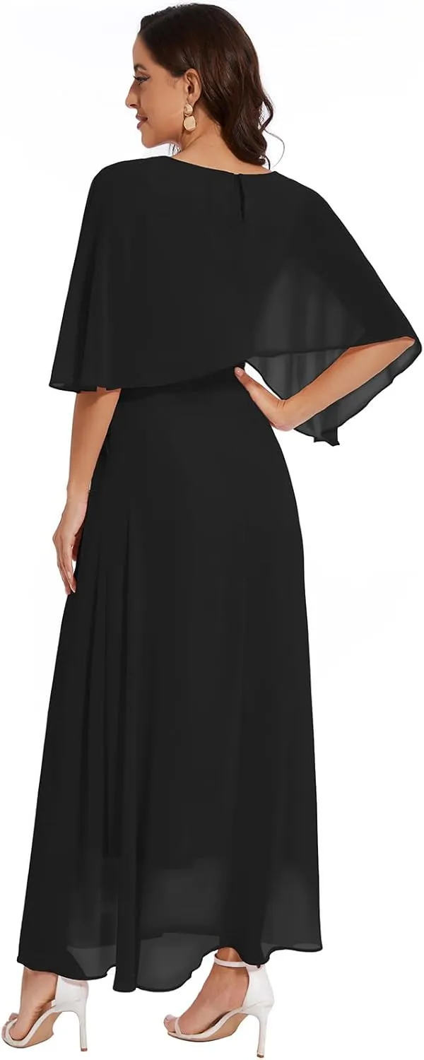 Women Sleeveless Cape Dress with Chiffon Overlay Lace Wedding Guest Cocktail Party Gowns Dress