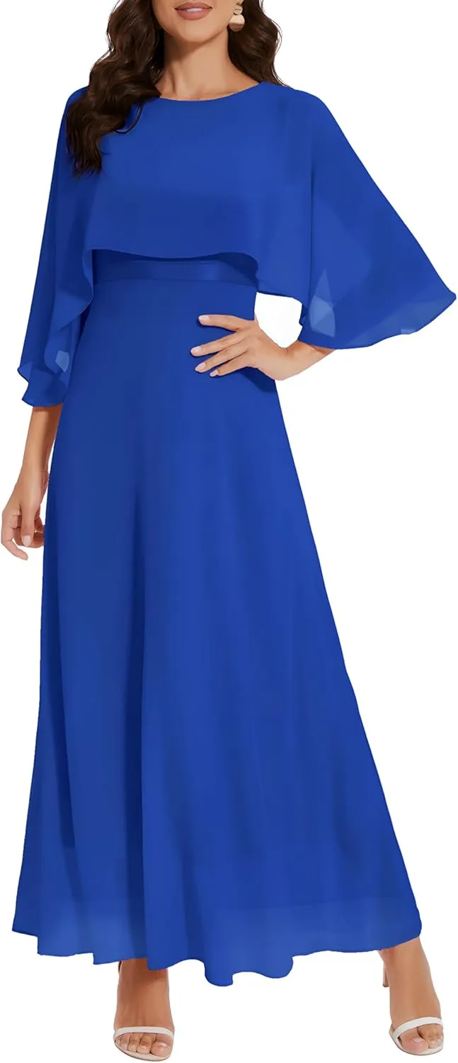 Women Sleeveless Cape Dress with Chiffon Overlay Lace Wedding Guest Cocktail Party Gowns Dress