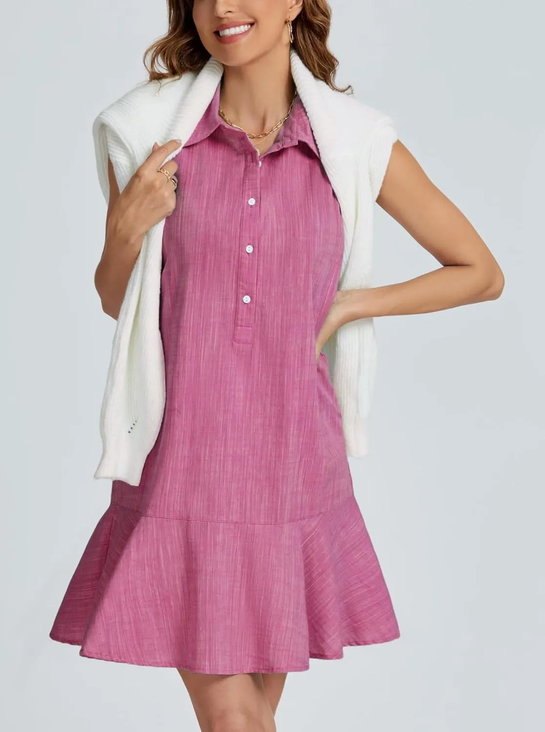 Women Sleeveless Mini Dress Button Down Shirt Dress V Neck Reffle Hem Cotton Linen Tunic Short Dress