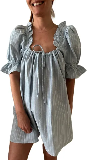 Women Square Neck Summer Mini Dress Puff Sleeve Bow Tie Babydoll Dress Loose Floral Flowy Sundress