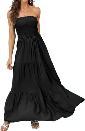Women Strapless A Line Maxi Dress Tube Top Backless Casual Summer Dress