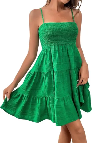 Women Summer Dresses Casual Boho Smocked Ruffles Babydoll Beach Mini Sundress Sleeveless Layered Flowy Swing Dress