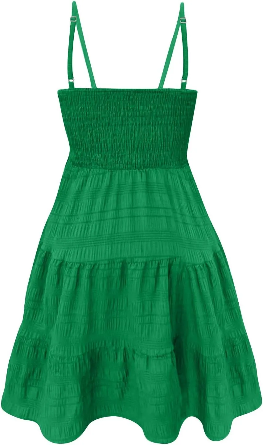 Women Summer Dresses Casual Boho Smocked Ruffles Babydoll Beach Mini Sundress Sleeveless Layered Flowy Swing Dress