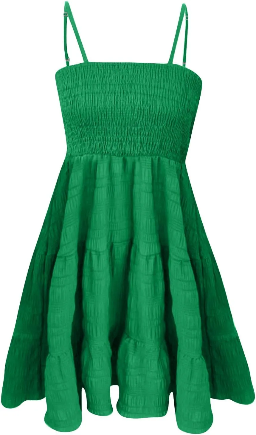 Women Summer Dresses Casual Boho Smocked Ruffles Babydoll Beach Mini Sundress Sleeveless Layered Flowy Swing Dress