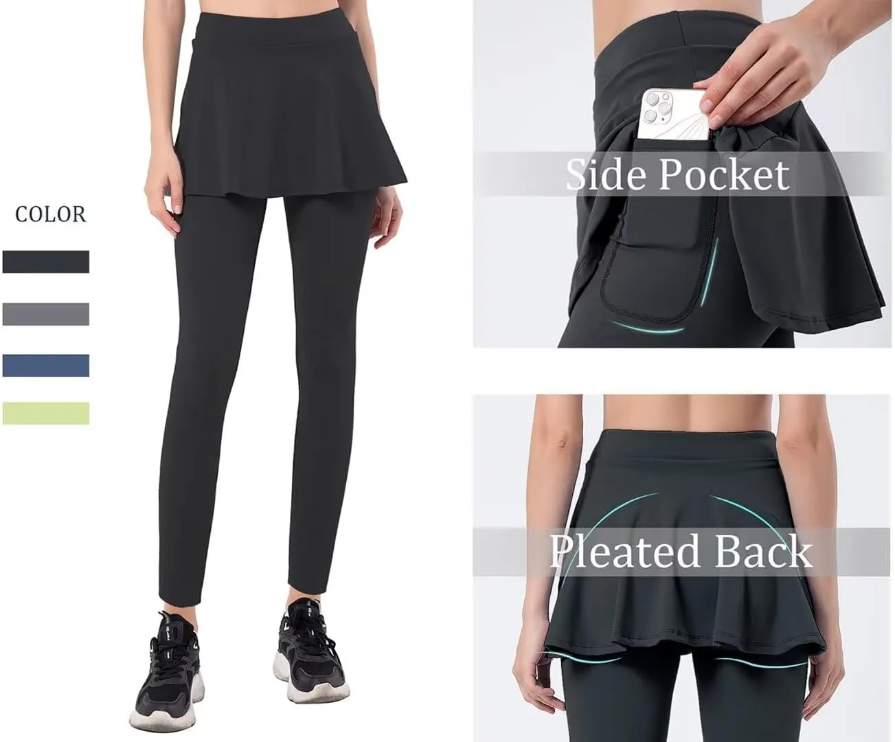 Women Tennis Skirted Leggings with Pockets Athletic Pleated Skirts with Leggings Workout Active Golf Skort