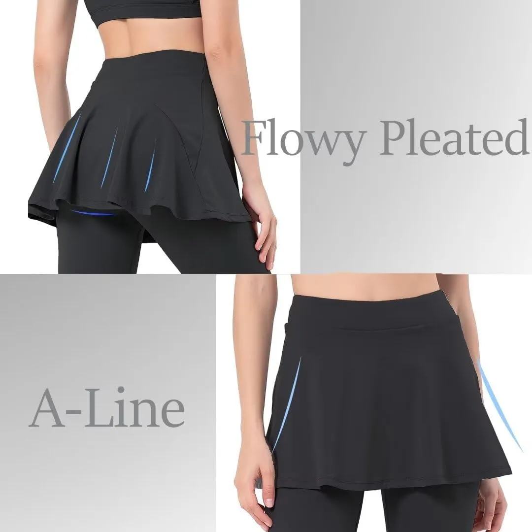 Women Tennis Skirted Leggings with Pockets Athletic Pleated Skirts with Leggings Workout Active Golf Skort