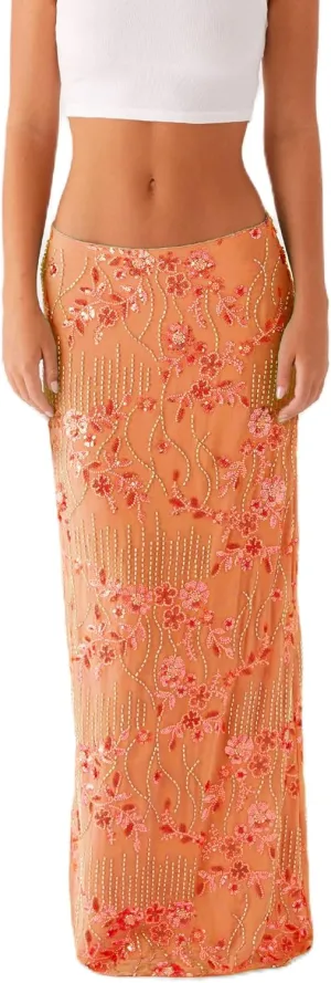 Women Y2K Sequin Long Skirt Sparkle Rhinestone Floral Maxi Skirt High Waist Glitter Midi Skirt Going Out