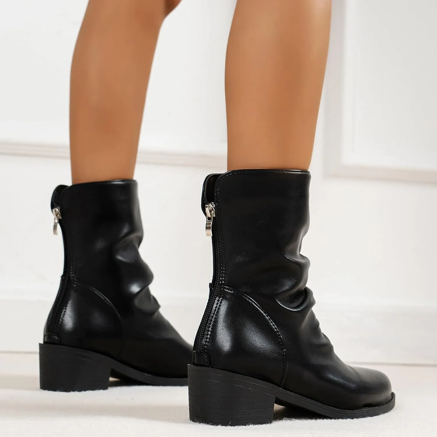 Womens Ankle Boots Black Boots for Women Fashion Retro Women's Low Heel Pointed Toe Slip On Retro Mid Calf Boots