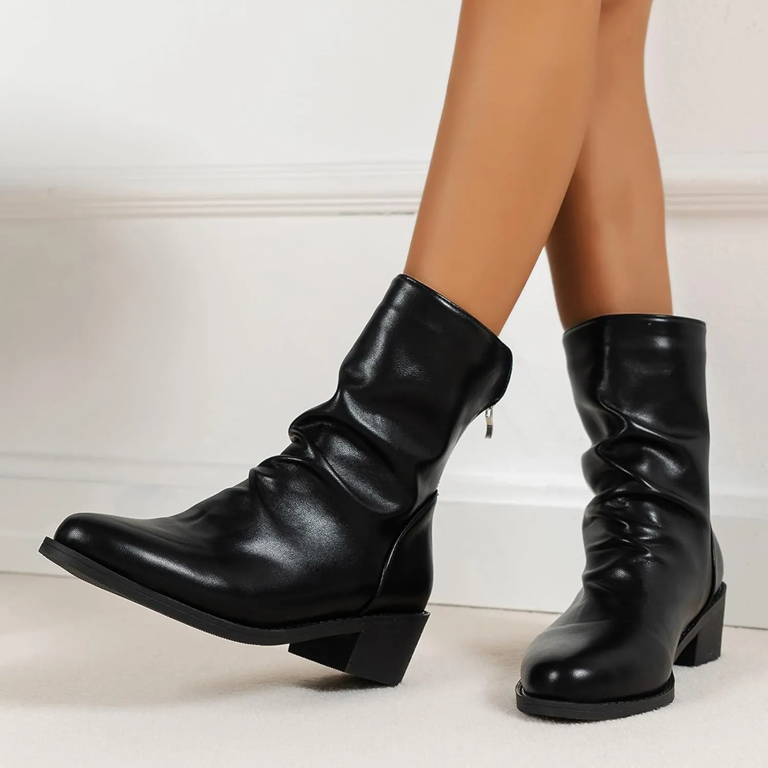 Womens Ankle Boots Black Boots for Women Fashion Retro Women's Low Heel Pointed Toe Slip On Retro Mid Calf Boots
