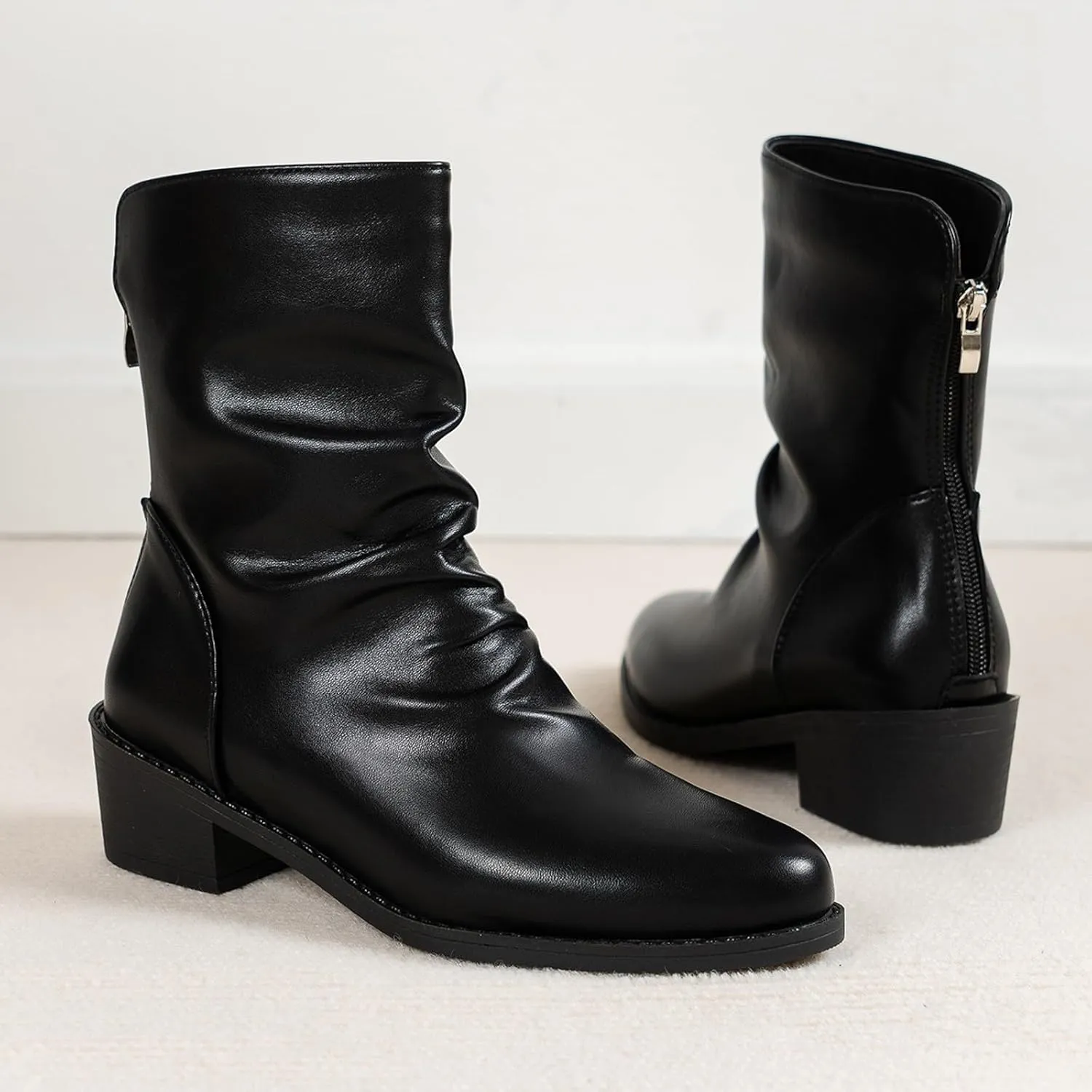Womens Ankle Boots Black Boots for Women Fashion Retro Women's Low Heel Pointed Toe Slip On Retro Mid Calf Boots