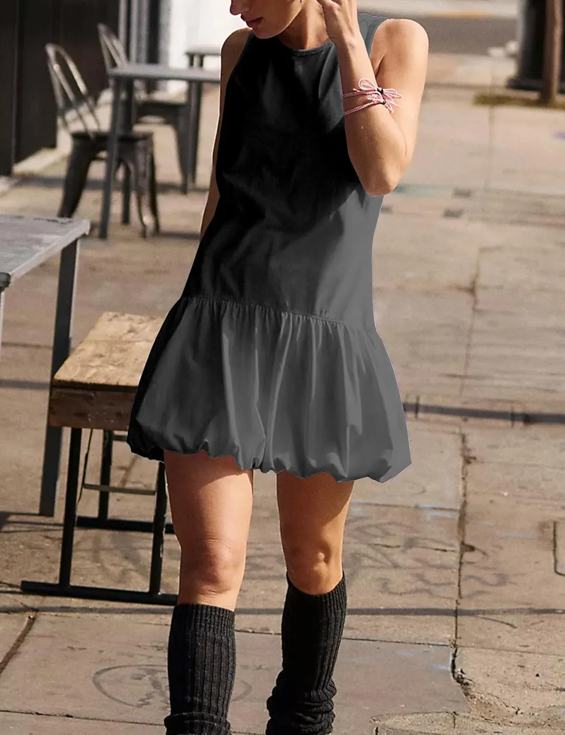 Womens Athletic Sleeveless Dress Crew Neck Sleeveless Tank Dress Hot Shot Bubble Set with Shorts Sundress