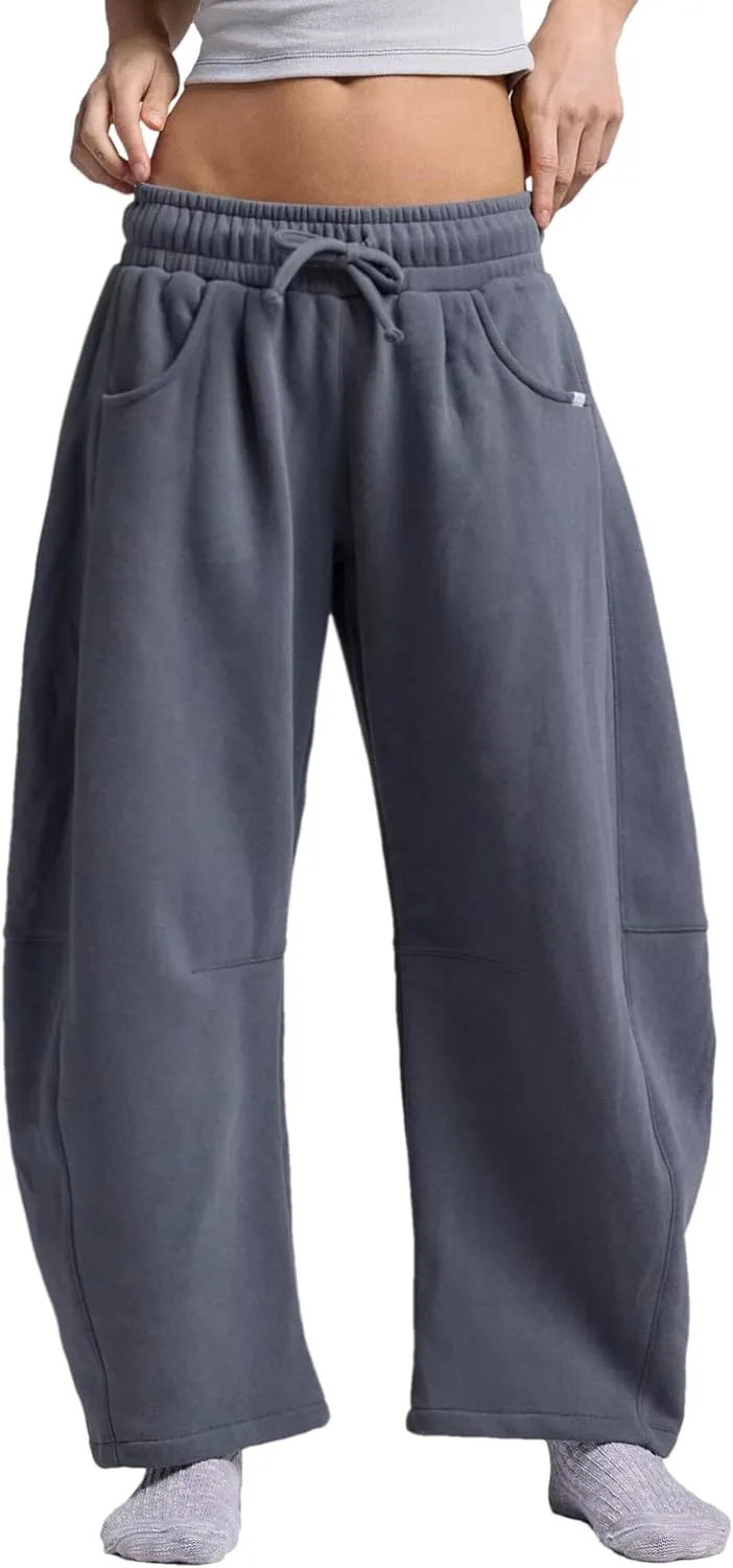 Womens Barrel Leg Sweatpant Mid Rise Elastic Waist Drawstring Casual Baggy Wide Leg Pants with Pockets