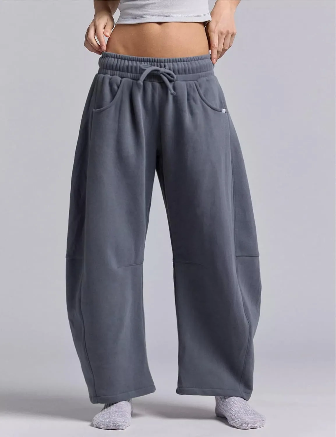 Womens Barrel Leg Sweatpant Mid Rise Elastic Waist Drawstring Casual Baggy Wide Leg Pants with Pockets