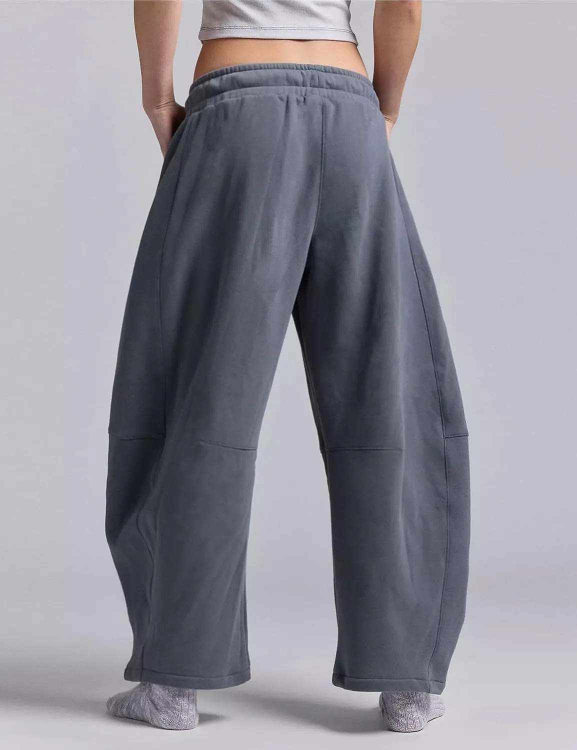 Womens Barrel Leg Sweatpant Mid Rise Elastic Waist Drawstring Casual Baggy Wide Leg Pants with Pockets