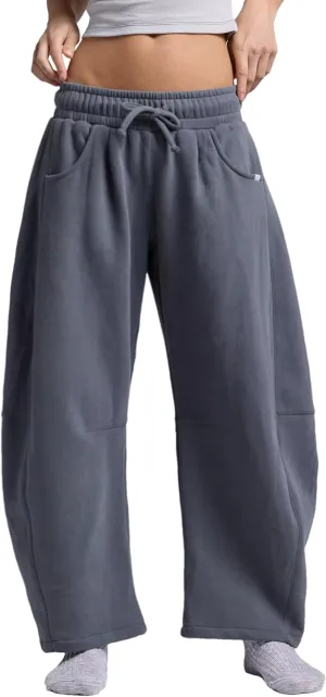 Womens Barrel Leg Sweatpant Mid Rise Elastic Waist Drawstring Casual Baggy Wide Leg Pants with Pockets