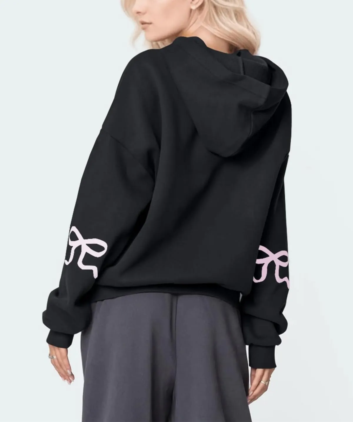 Women's Bow Print Hoodies Oversized Long Sleeve Drop Shoulder Casual Pullover Top Y2k Hooded Sweatshirts Streetwear