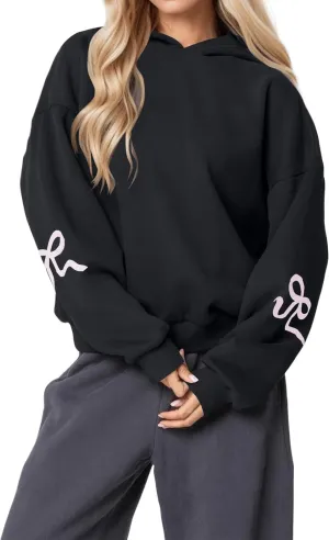 Women's Bow Print Hoodies Oversized Long Sleeve Drop Shoulder Casual Pullover Top Y2k Hooded Sweatshirts Streetwear