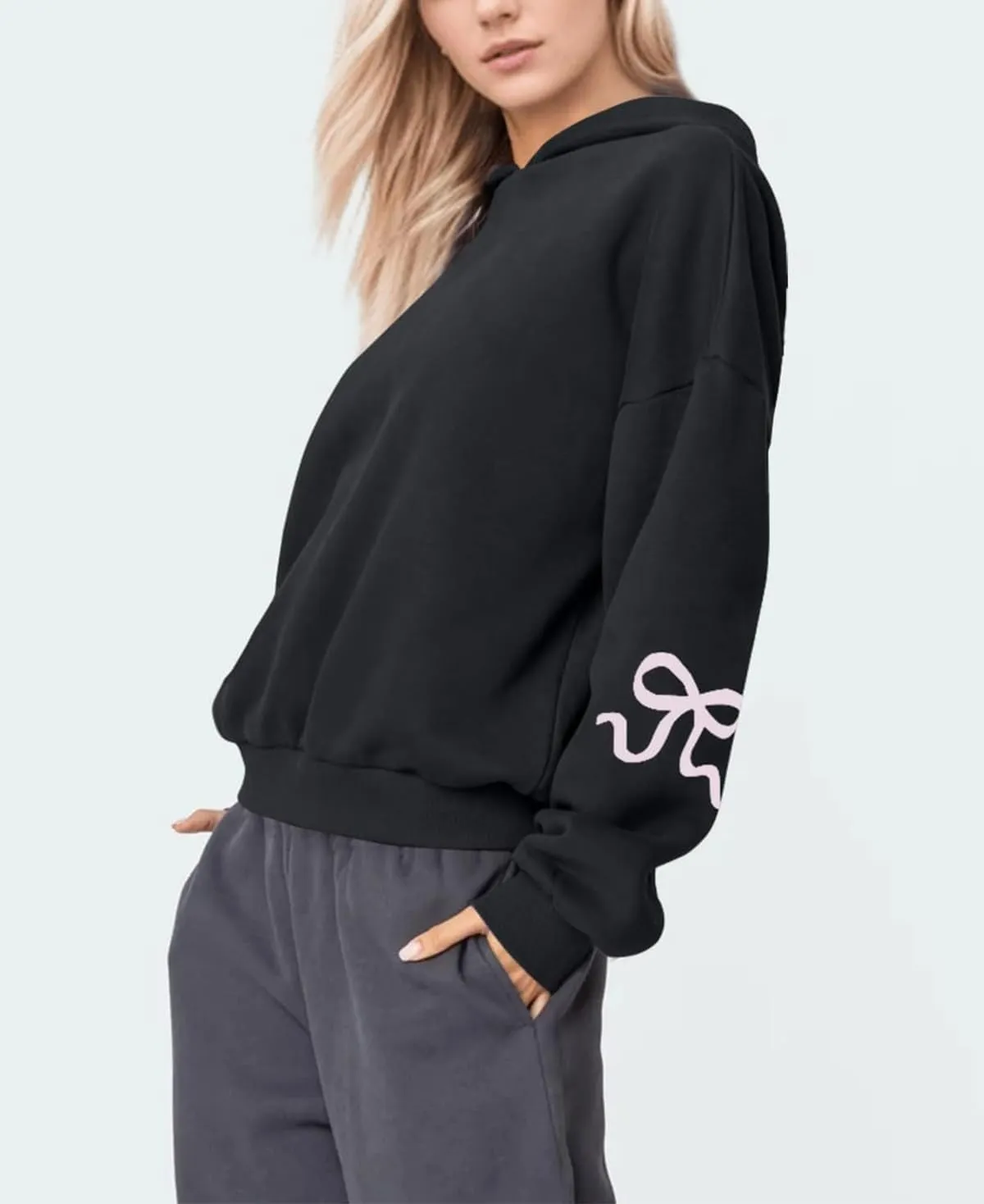 Women's Bow Print Hoodies Oversized Long Sleeve Drop Shoulder Casual Pullover Top Y2k Hooded Sweatshirts Streetwear