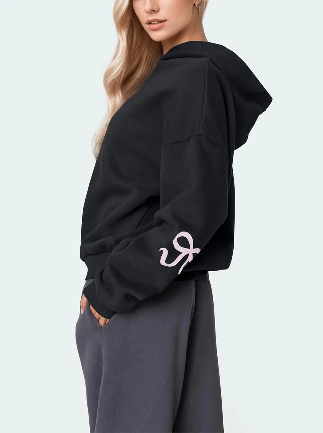 Women's Bow Print Hoodies Oversized Long Sleeve Drop Shoulder Casual Pullover Top Y2k Hooded Sweatshirts Streetwear