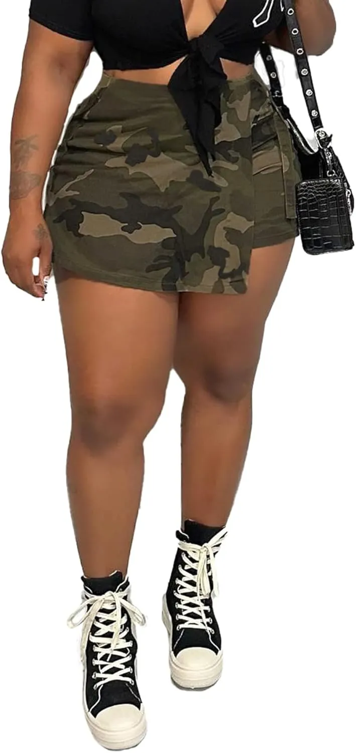 Women's Camo Cargo Shorts Casual High Waisted Camo Cargo Skirts for Women Plus Size Camouflage Short