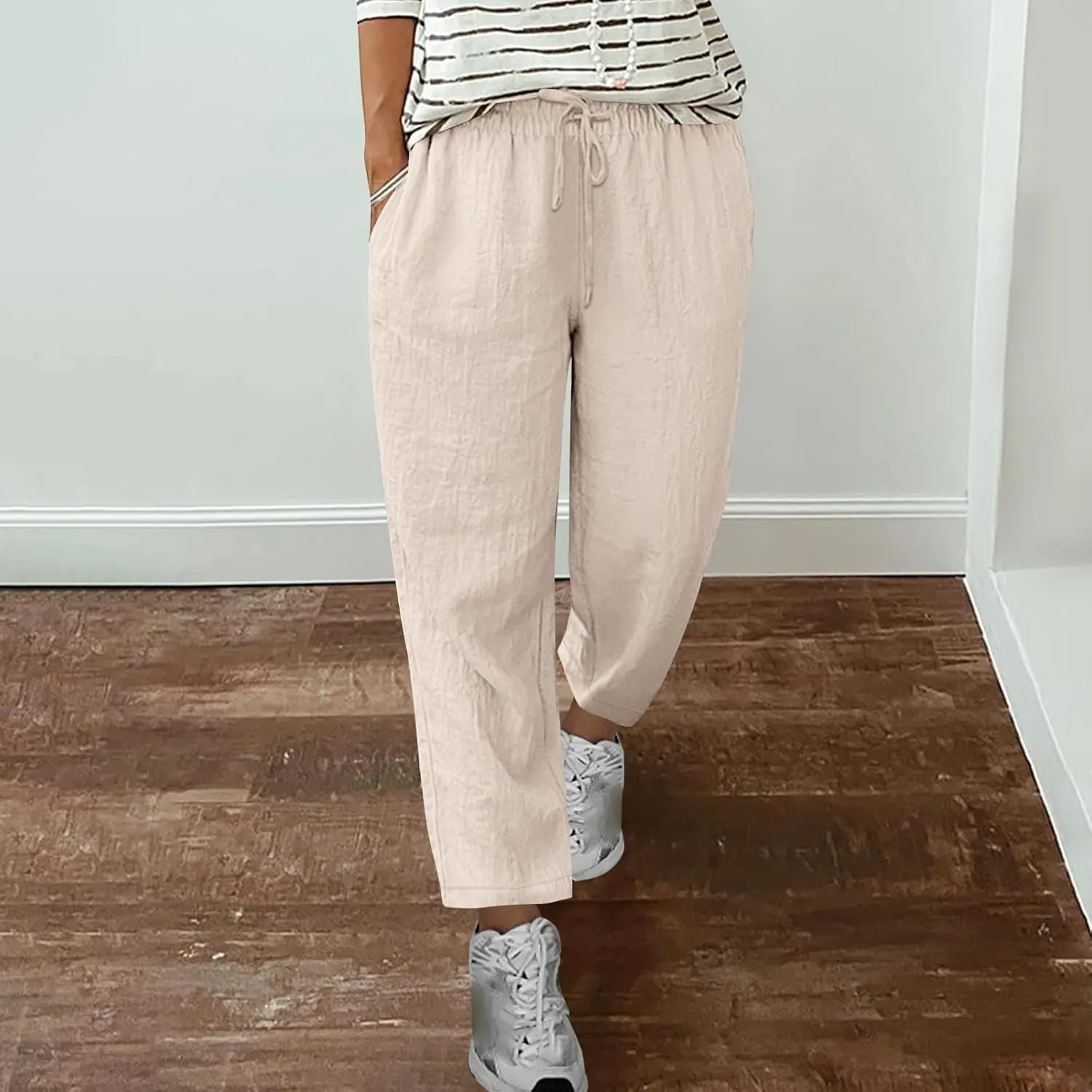 Womens Casual Cotton Linen Pants Lightweight Summer Relax Fit Drawstring Waist Plus Size Solid Lounge Long Trousers