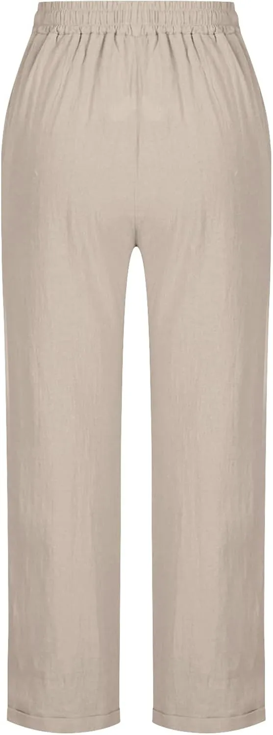 Womens Casual Cotton Linen Pants Lightweight Summer Relax Fit Drawstring Waist Plus Size Solid Lounge Long Trousers