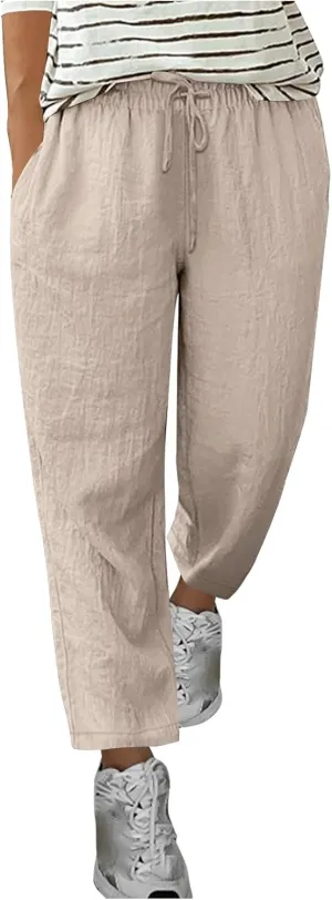 Womens Casual Cotton Linen Pants Lightweight Summer Relax Fit Drawstring Waist Plus Size Solid Lounge Long Trousers