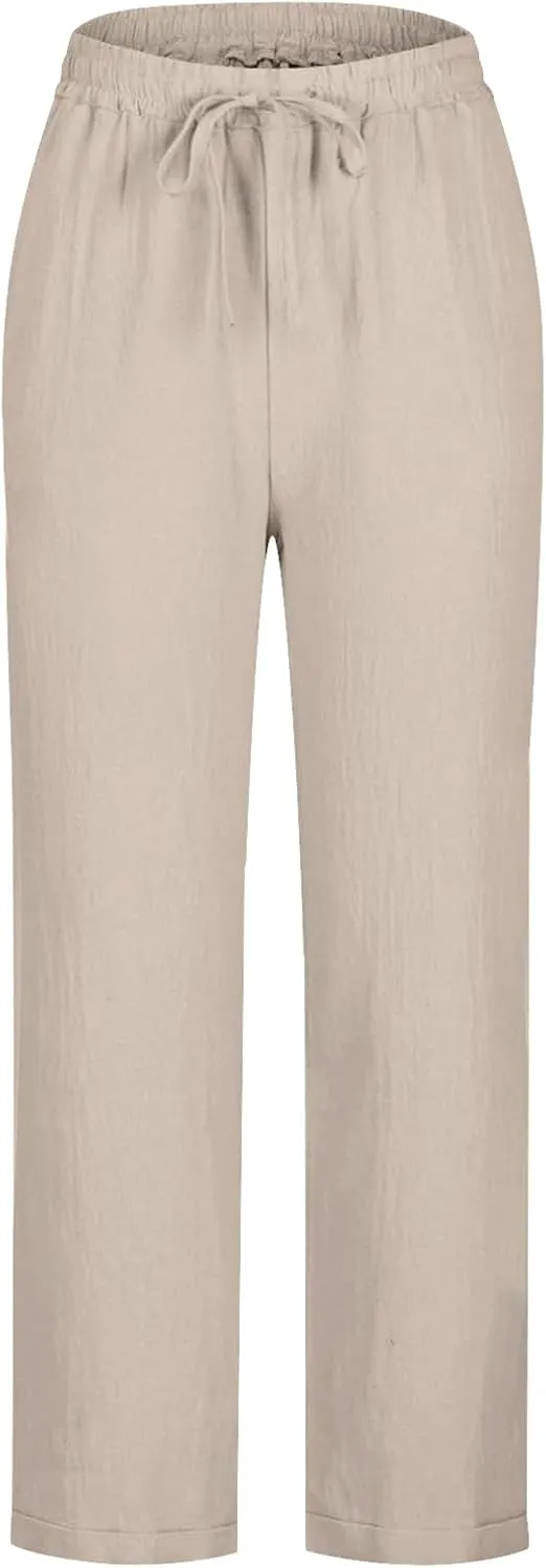 Womens Casual Cotton Linen Pants Lightweight Summer Relax Fit Drawstring Waist Plus Size Solid Lounge Long Trousers
