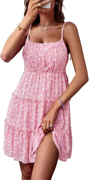 Women's Cute Floral Tiered Chiffon Mini Dress Sleeveless Tie Strap Ruffles Back Smocked Bobo Dress