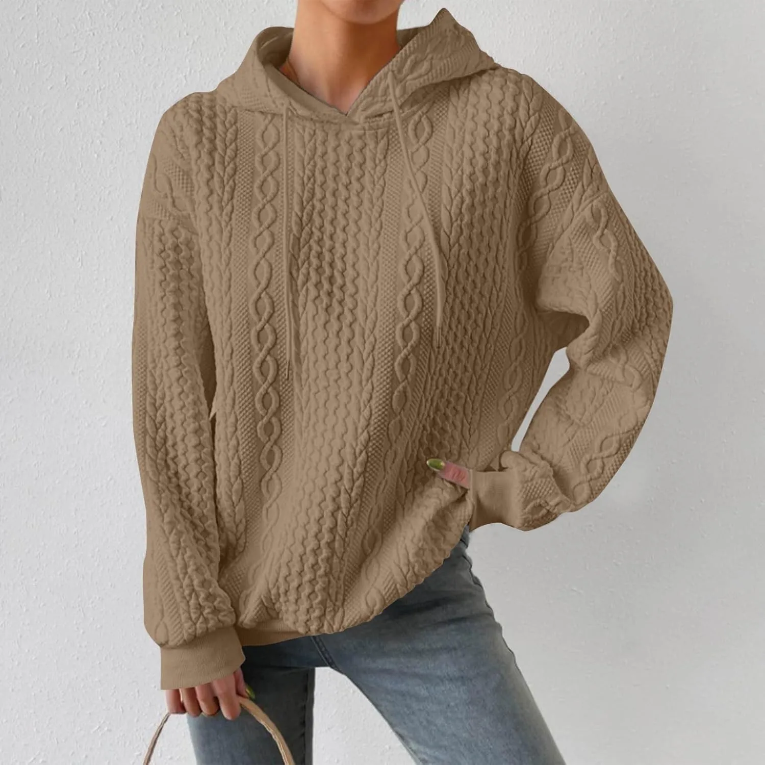 Womens Essentials Hoodie Oversized Cable Knit Hoodies Casual Long Sleeve Drawstring Pullover Sweater Fall Outfits 2024