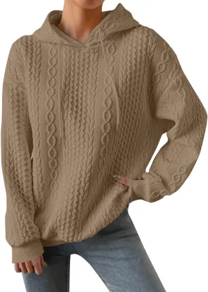 Womens Essentials Hoodie Oversized Cable Knit Hoodies Casual Long Sleeve Drawstring Pullover Sweater Fall Outfits 2024